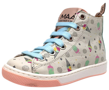 MAA Girl's Grey Pastel Leather Ice Cream Print Lace Up High Top Sneakers