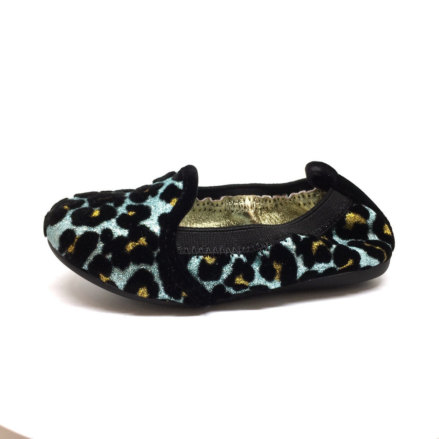 Yosi Samra Girl's Blue Topaz Leopard Print Leather Lined Elastic Foldable Non-Smoking Loafer