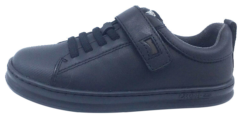 Camper for Boy's and Girl's Leather Hook and Loop Elastic Laces Black Sneaker
