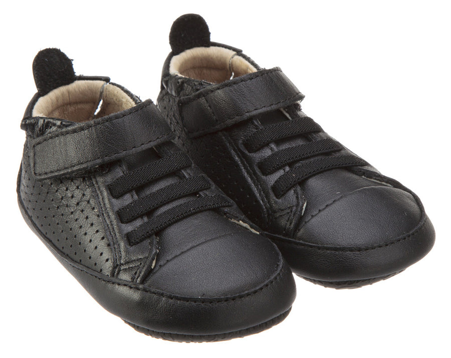 Old Soles Girl's and Boy's One-World Black Soft Perforated Leather Hook and Loop First Walker Baby Shoes