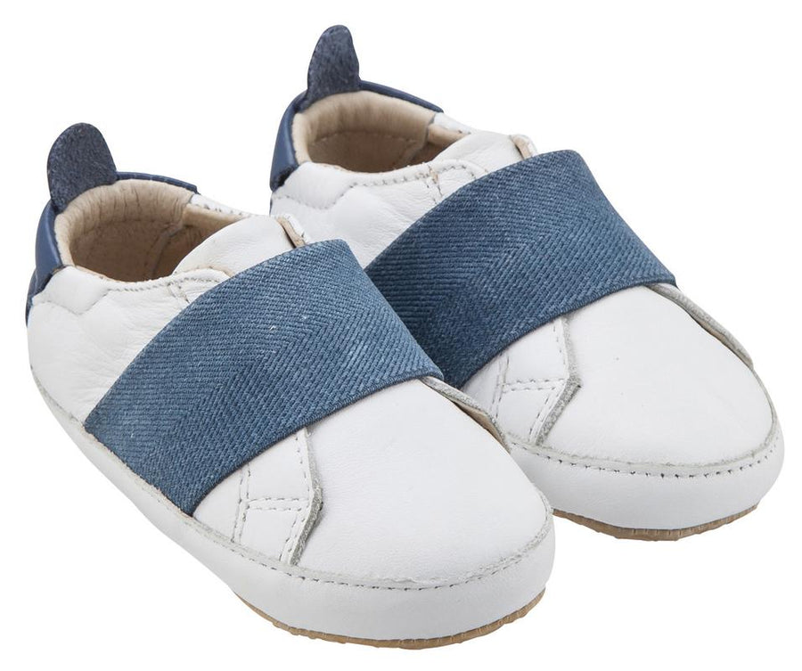 Old Soles Girl's & Boy's 195 Bambini Master White with Denim Blue Band Leather Elastic Slip On Sneakers