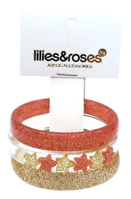 Lilies & Roses NY Coral Glitter, Star, Gold Glitter 3-Pack Bracelet