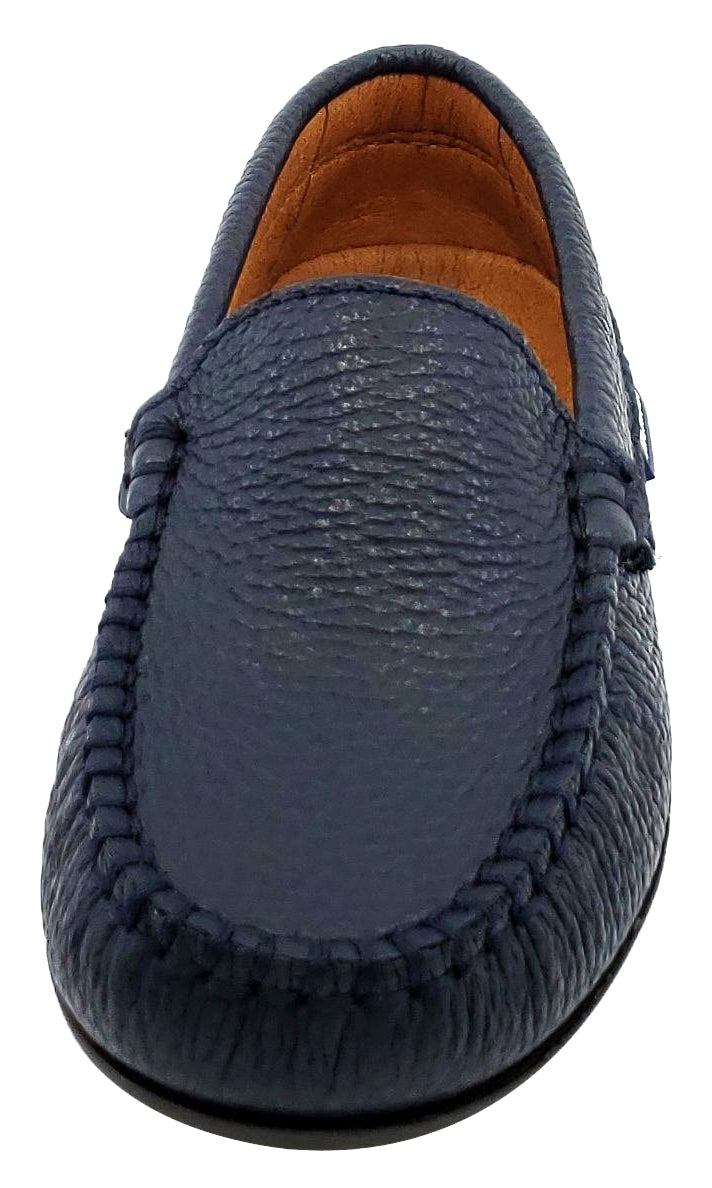 Atlanta Mocassin Boy's and Girl's Pebbled Leather Loafers, Navy Blue