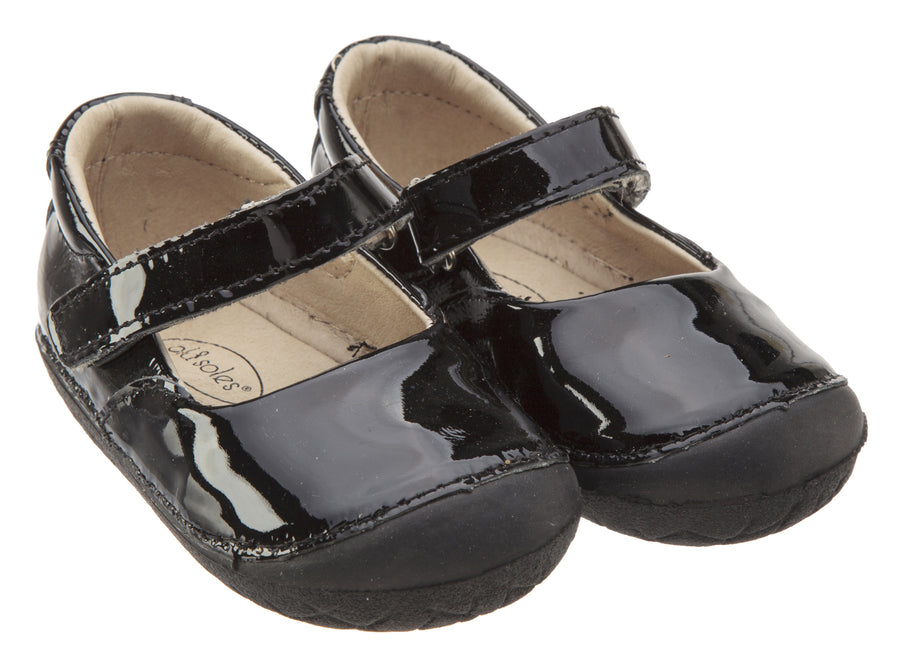 Old Soles Girl's 4001 Pave Jane Patent Black Leather Hook and Loop Strap Mary Jane Shoe