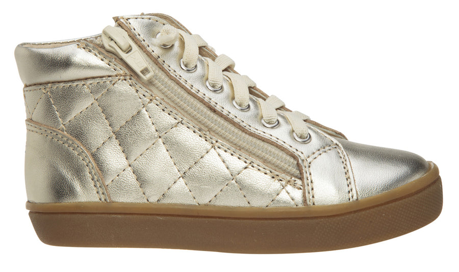 Old Soles Girl's and Boy's The Leader Gold Perforated Metallic Leather Elastic Lace Hook and Loop High Top Sneaker