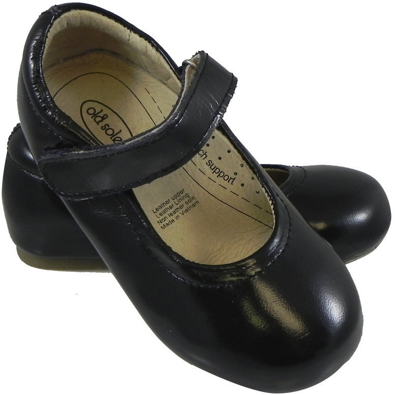 Old Soles Girl's 800 Praline Shoe Black Patent Leather Hook and Loop Mary Jane Flats
