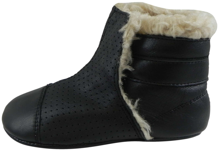 Old Soles Girl's & Boy's Gatsby Black Soft Leather Slip On Fur Crib Walker Baby Shoes Booties