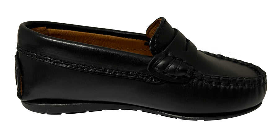 Atlanta Mocassin Boy's and Girl's Smooth Leather Penny Loafers, Black Sierra Antik