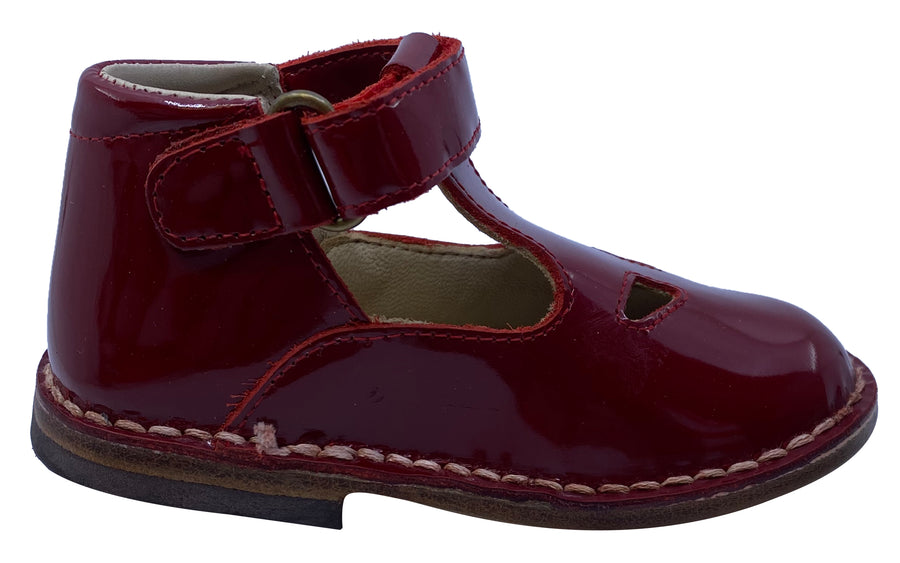 Eureka Girl's Handcrafted Due Occhi Leather T-Strap Shoes, Deep Red Patent