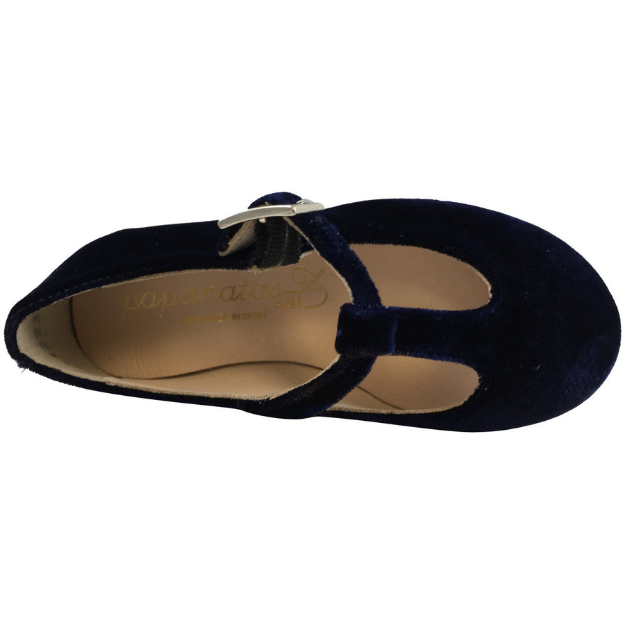 Papanatas by Eli Girl's 6427 Velvet Navy T-Strap Buckle Mary Jane Flats - Just Shoes for Kids
 - 6