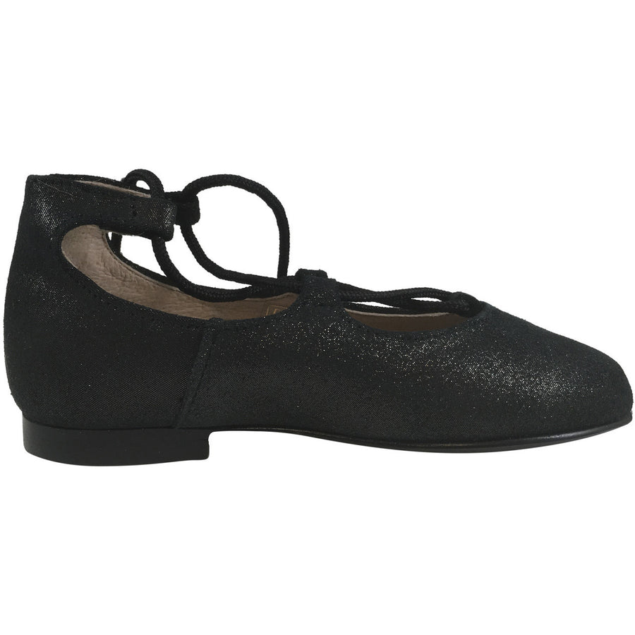 Hoo Shoes Chelia's Girl's Soft Sparkle Ankle Lace Up Ballet Flats Black