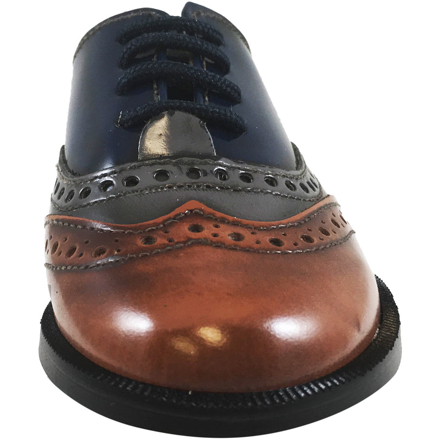 Hoo Shoes Abe's Boy's Brown Grey Navy Tri Color Leather Lace Up Oxford Loafer Shoes