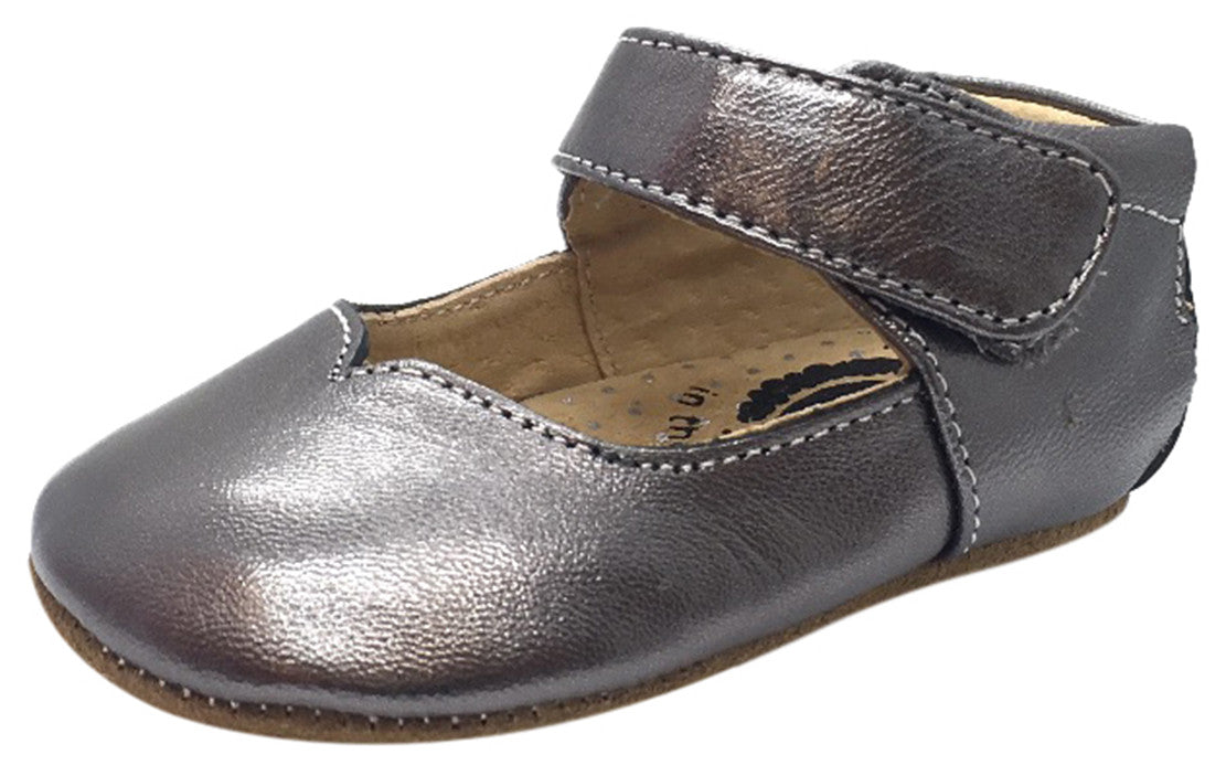 Livie & Luca Girl's Astrid Pewter Metallic Smooth Leather with Sweetheart  Cutout Hook and Loop Mary Jane Shoes