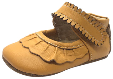 Livie & Luca Girl's Ruche Ruffled Butterscotch Leather Hook and Loop Mary Jane Shoe