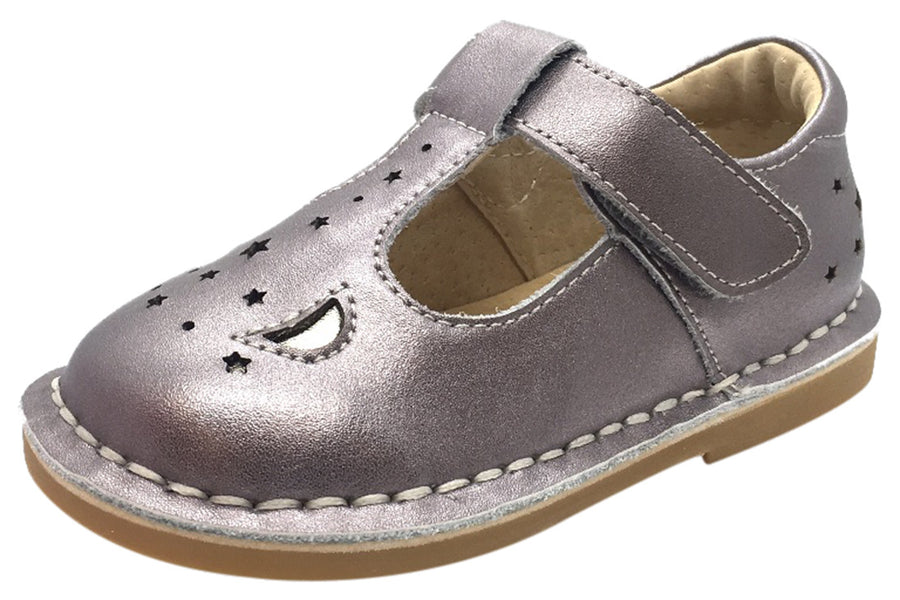 Livie & Luca Girl's Mae Pewter Metallic Shimmer Leather Moon & Stars Mary Jane Shoe with T-Strap Closure