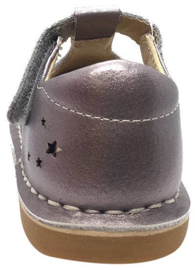 Livie & Luca Girl's Mae Pewter Metallic Shimmer Leather Moon & Stars Mary Jane Shoe with T-Strap Closure
