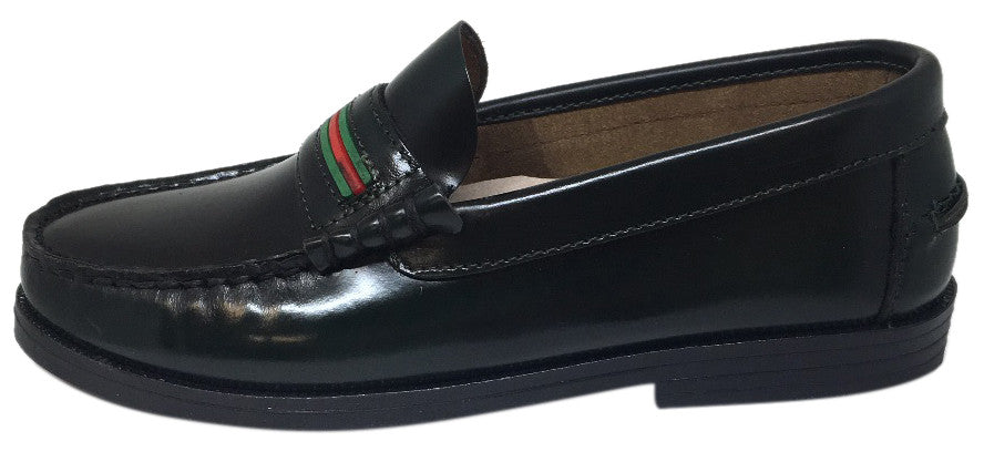Hoo Shoes Boy's and Girl's Mark's Dark Green Smooth Leather Red Green Striped Slip On Oxford Loafer Shoe