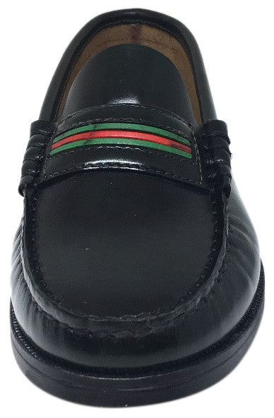 Hoo Shoes Boy's and Girl's Mark's Dark Green Smooth Leather Red Green Striped Slip On Oxford Loafer Shoe