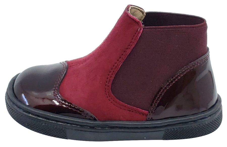 Pataletas for Boy's and Girl's Burgundy Leather Patent Suede Elastic Side Slip On Bootie
