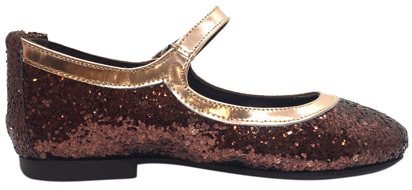 Papanatas by Eli Girl's Copper Brown Brass Trim Sparkle Mary Janes Button Flats