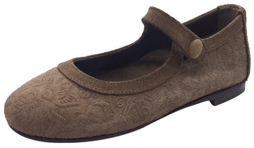 Papanatas by Eli Girl's Light Brown Suede Floral Design Mary Janes Button Flats