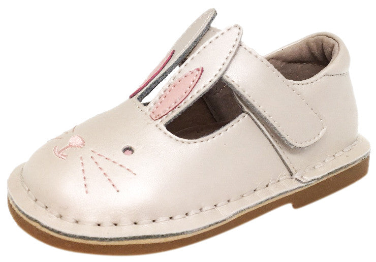Livie & Luca Girl's Molly White Pearl Shimmer Smooth Leather Bunny Mary Jane Shoe with Hook and Loop Strap