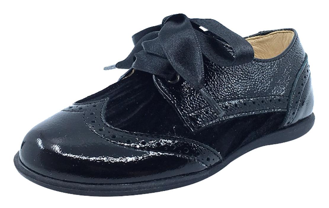 Andanines Boy's and Girl's Ribbon Tie Oxford, Black Patent/Black