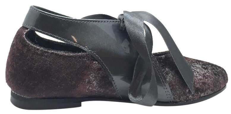 Luccini Girl's Burgundy Cosmic Print Velvet & Grey Patent Leather Ribbon Bow Tie Lace Up Flats