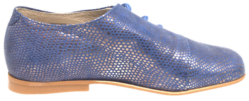 Luccini Girl's & Boy's Periwinkle Blue Gold Leather Metallic Snake Side Lace Up Oxford Loafer Shoes