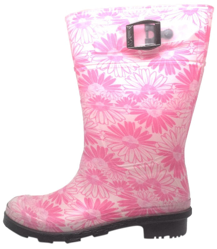 Kamik Daisies Jr Girl's Pink Daisy Print Adjustable Strap Waterproof Rain Boots