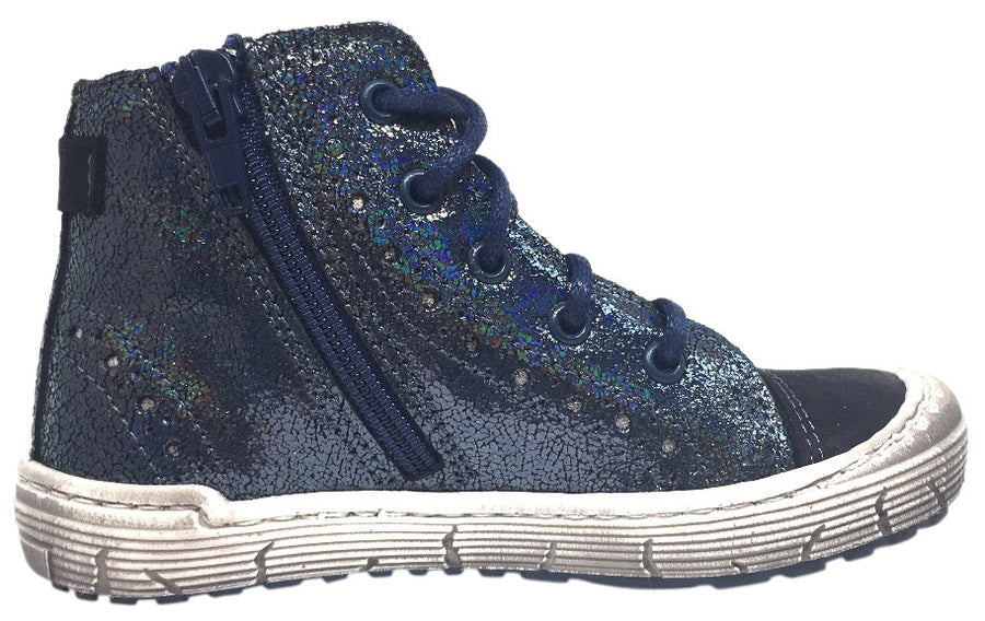 Emel Girl's Navy Metallic Shimmer Sparkle Leather Lace Up Side Zipper High Top Sneaker