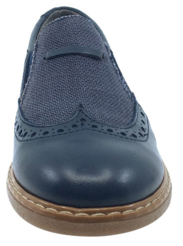 BluBlonc Boy's & Girl's Navy Leather with Linen Textile Middle Moc Oxford Shoe