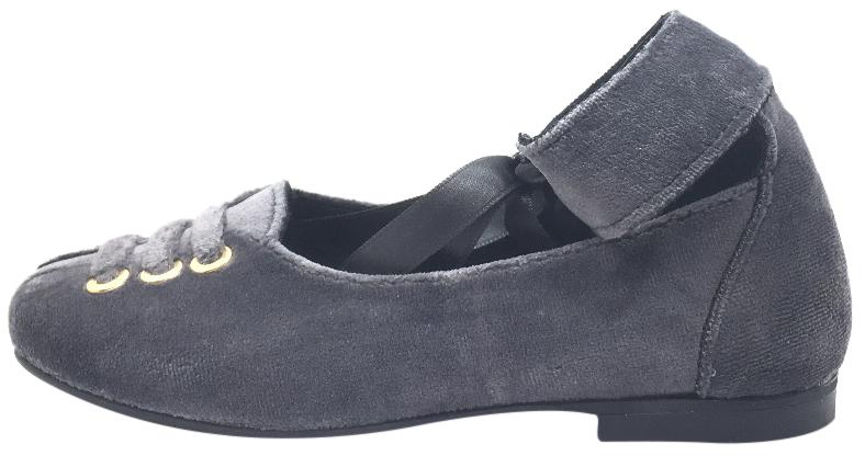 Luccini Girl's Grey Velvet Leather Lined Ankle Wrap with Ribbon Tie Dress Flats