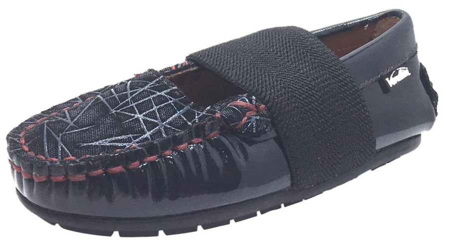 Venettini Girl's Lily Navy Patent with Denim Embossed Toe Elastic Strap Leather Moccasin Flat