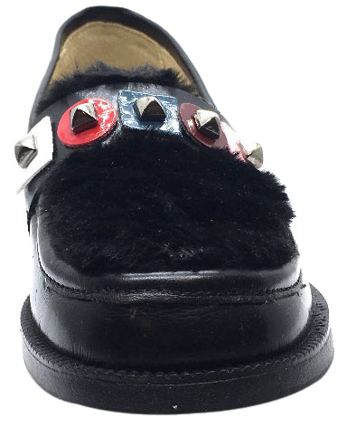 Naturino Girl's 9211 Black Soft Faux Fur Upper Studded Smooth Leather Slip On Platform Loafers