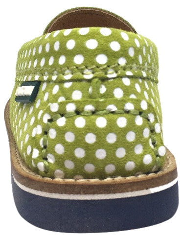 Fascani Girl's and Boy's Bright Olive Green Soft Suede Polka Dot Print Slip On Moccasin Loafer