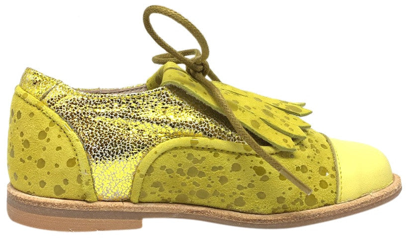 Manuela de Juan Boy's & Girl's Diana Lemon Odessa Yellow Leather Tassel Fringe Polka Dot Lace Up Oxford Shoe