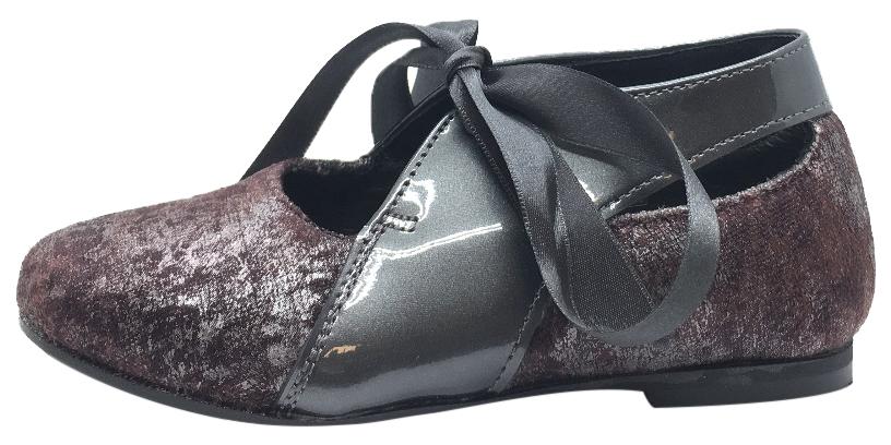 Luccini Girl's Burgundy Cosmic Print Velvet & Grey Patent Leather Ribbon Bow Tie Lace Up Flats