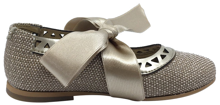 Luccini Beige Linen with Gold Trim Bow Tie Flats