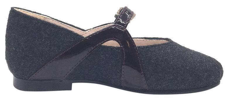 Venettini Girl's Grey Flannel Wool with Burgundy Patent Leather Buckle Strap Mary Jane Dress Flats