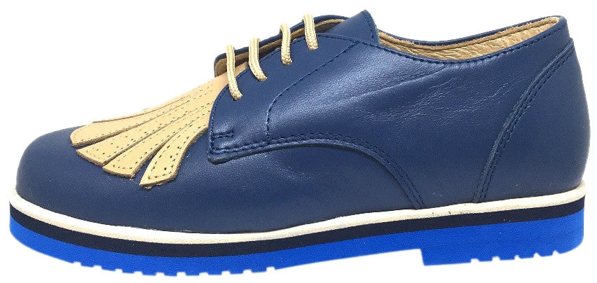 Luccini Boy's and Girl's Navy & Tan Leather Lace Up Stitched Fringe Foam Bottom Oxford Loafer Shoe