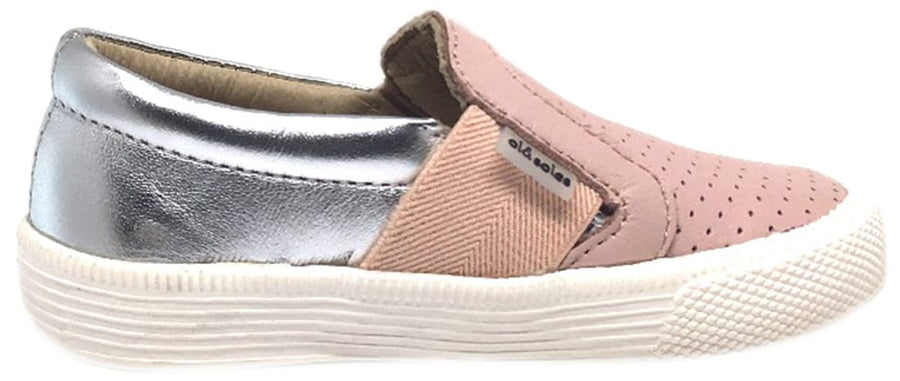 Old Soles Girl's 1056 Powder Pink & Silver Perforated Leather Praise Hoff Slip On Elastic Loafer Sneaker