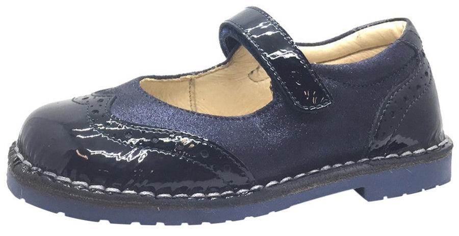 Naturino Girl's Navy Blue Single Strap Metallic Suede and Patent Leather Mary Jane Flat