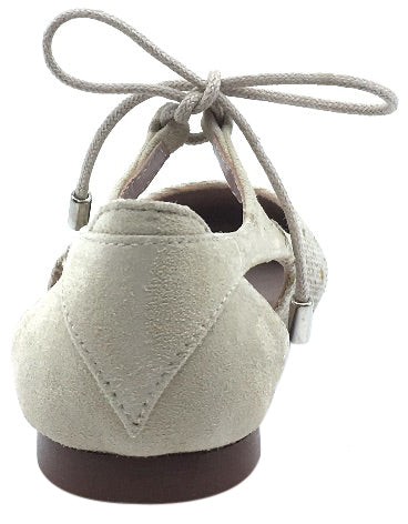 Papanatas by Eli Girl's Gold Polka Dot Beige Linen & Suede Lace Up Mary Jane Flats with Side Cutouts