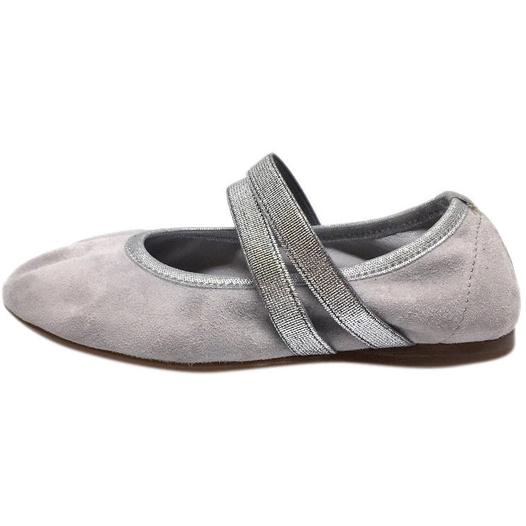 Papanatas by Eli Girl's Silver Grey Double Elastic Soft Suede Slip On Mary Jane Ballet Flats - Just Shoes for Kids
 - 2