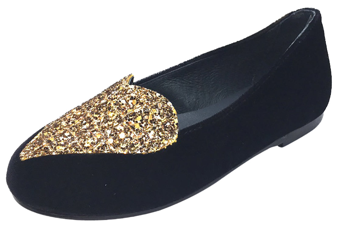BluBlonc Black Velvet Ballet Flat with Gold Sparkle Heart Embellishmen –  Just Shoes for Kids