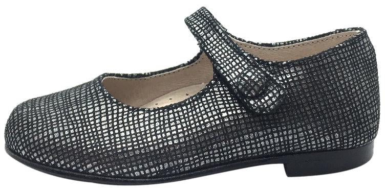 Hoo Shoes Girl's Hoova Black & Silver Checkered Leather Mary Jane Hook and Loop Strap Flats