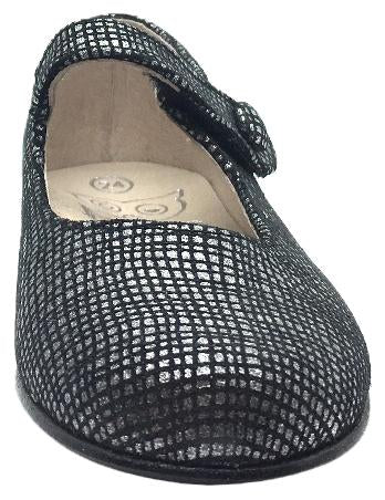 Hoo Shoes Girl's Hoova Black & Silver Checkered Leather Mary Jane Hook and Loop Strap Flats