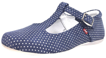 Emel Girl's Polka Dot Denim Blue Leather T-Strap Mary Jane Shoe
