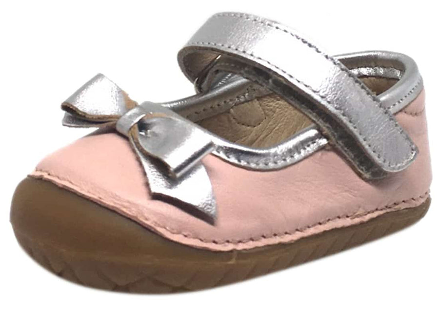 Old Soles Girl's Pave Gabs Jane Powder Pink & Silver Leather Hook and Loop Bow Mary Jane Walking Shoe